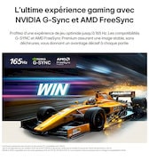 LG OLED evo AI C6 pour un gameplay imbattable en 4K 165Hz montre un jeu de course à grande vitesse avec une monoplace de course jaune en mouvement, texte en gras « GAGNEZ » à l'écran, avec les logos NVIDIA G-SYNC et AMD FreeSync Premium visibles en haut de l’écran.